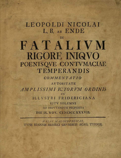 Ende, L. N. von - Fatalium rigore iniquo. 1737