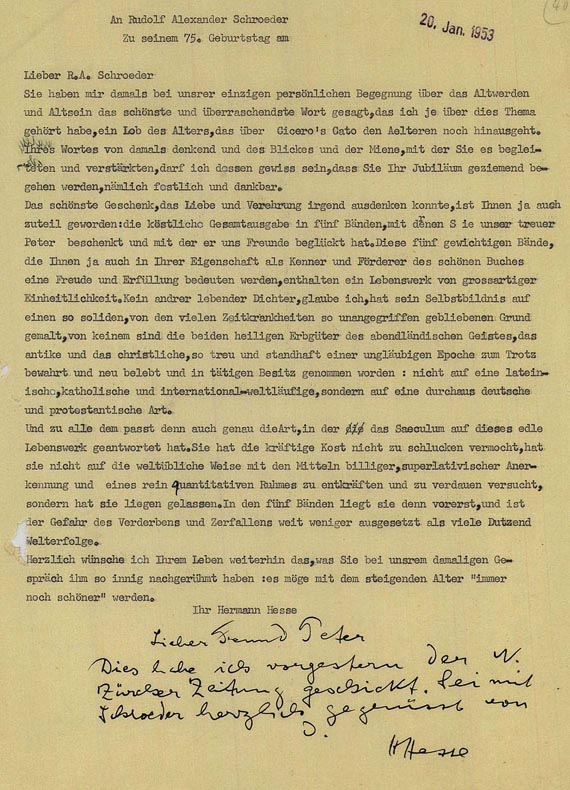 Hesse, H. - Masch. Manuskript mit eigh. Nachsatz, Jan. 1953. Dabei: R. A. Schröder, Gedicht-Typoskript