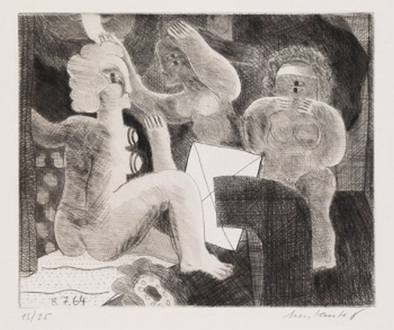 Horst Antes - 2 Bll.: Interieur mit drei weiblichen Figuren. Interieur mit großer schwarzer Figur