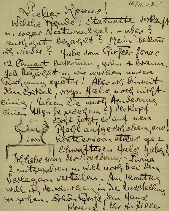 Heinrich Zille - Autograph. An Kraus 16.11.1925 (60) ZV