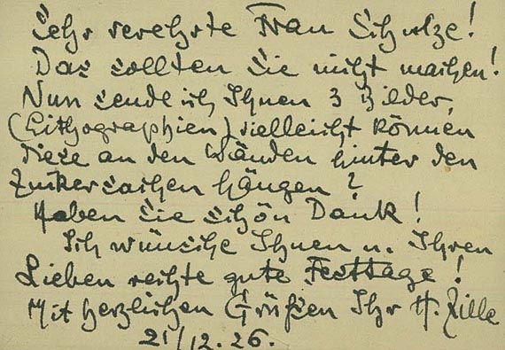 Heinrich Zille - 3 Autographen an Marie Schulze + 2 eigh. Umschläge (78). 1926