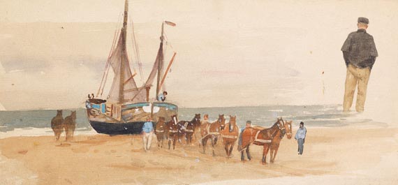 Friedrich Schwinge - 2 Bll. maritime Motive: Gestrandetes Boot. Pferde ziehen Segelboot an den Strand