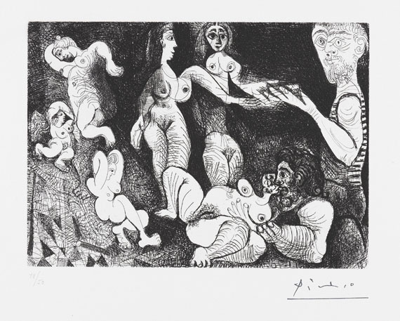 Pablo Picasso - Marin rêveur avec deux femmes, couple, spectatrice et sculpture sur un escabeau