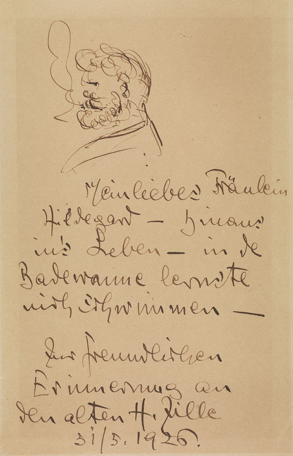 Heinrich Zille - Zeichnung mit eigh. Widm.: Mein liebes Fräulein Hildegard, m. U. 1926.