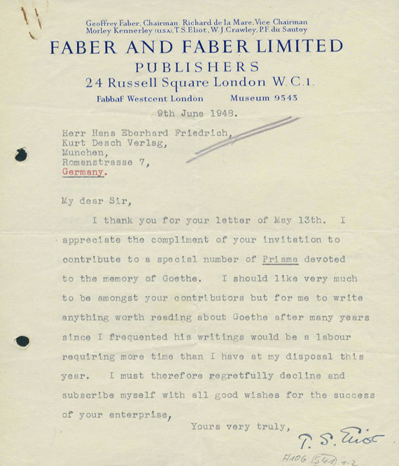 Thomas S. Eliot - 2 masch. Briefe m. U. 1948.