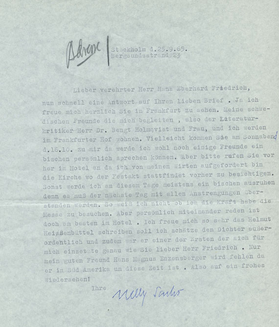 Nelly Sachs - 1 masch. Brief, 3 eigh. Karten m. U. 1965-67.