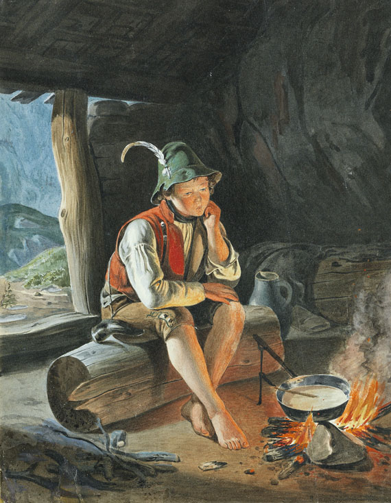 Carl Friedrich Moritz Müller gen. Feuermüller - Ein Sennerbube in einer Felsenhöhle an einem aufflackernden Feuer sich wärmend