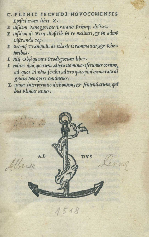  Aldinen - Plinius Secundus Minor, Epistole. 1518