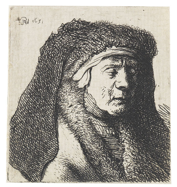 Rembrandt van Rijn - Alte Frau mit dunklem Schleier und Pelzkragen