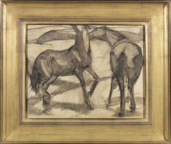 Franz Marc - Zwei Pferde. Verso: Zwei stehende Mädchenakte mit grünem Stein - Rahmenbild